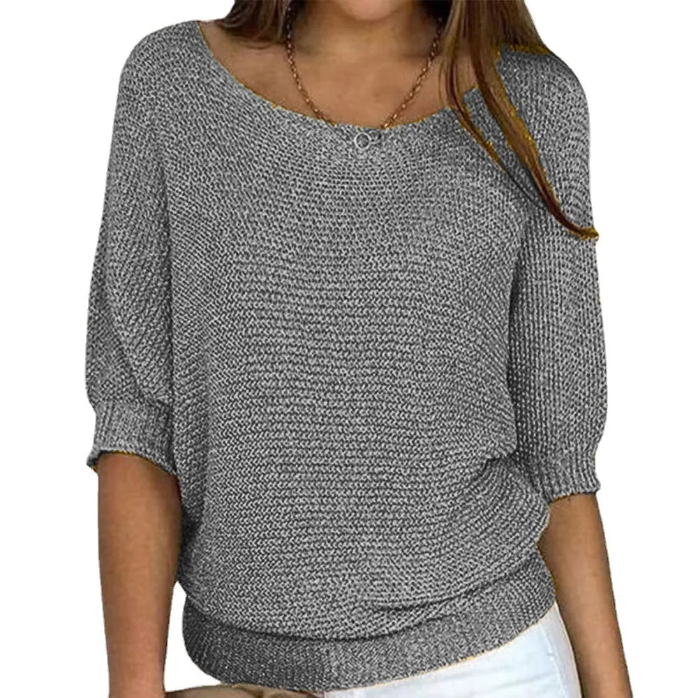 Round Neck Three-Quarter Sleeve Knitted Sweater