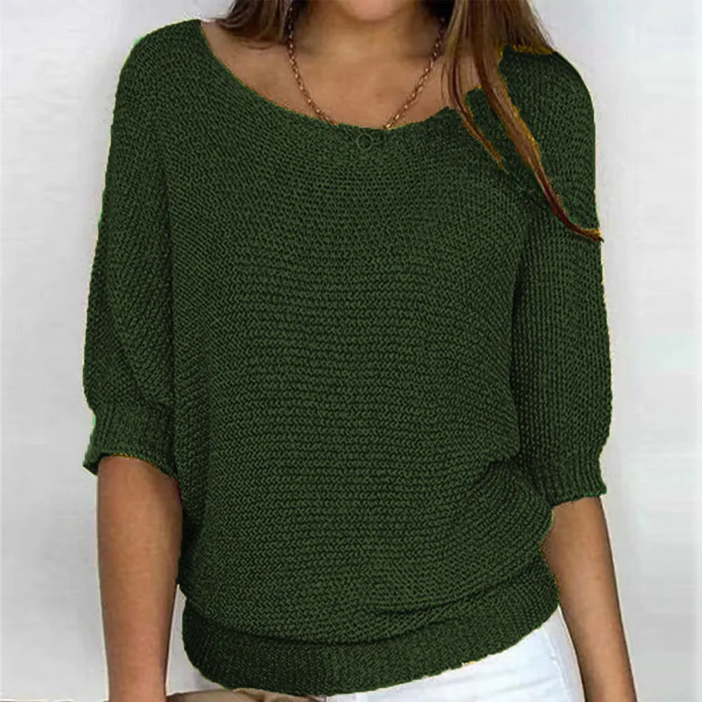 Round Neck Three-Quarter Sleeve Knitted Sweater