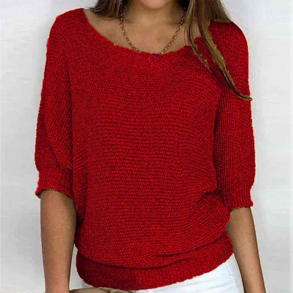 Round Neck Three-Quarter Sleeve Knitted Sweater