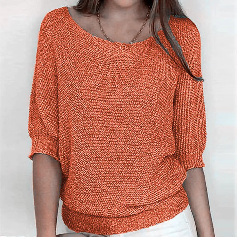 Round Neck Three-Quarter Sleeve Knitted Sweater