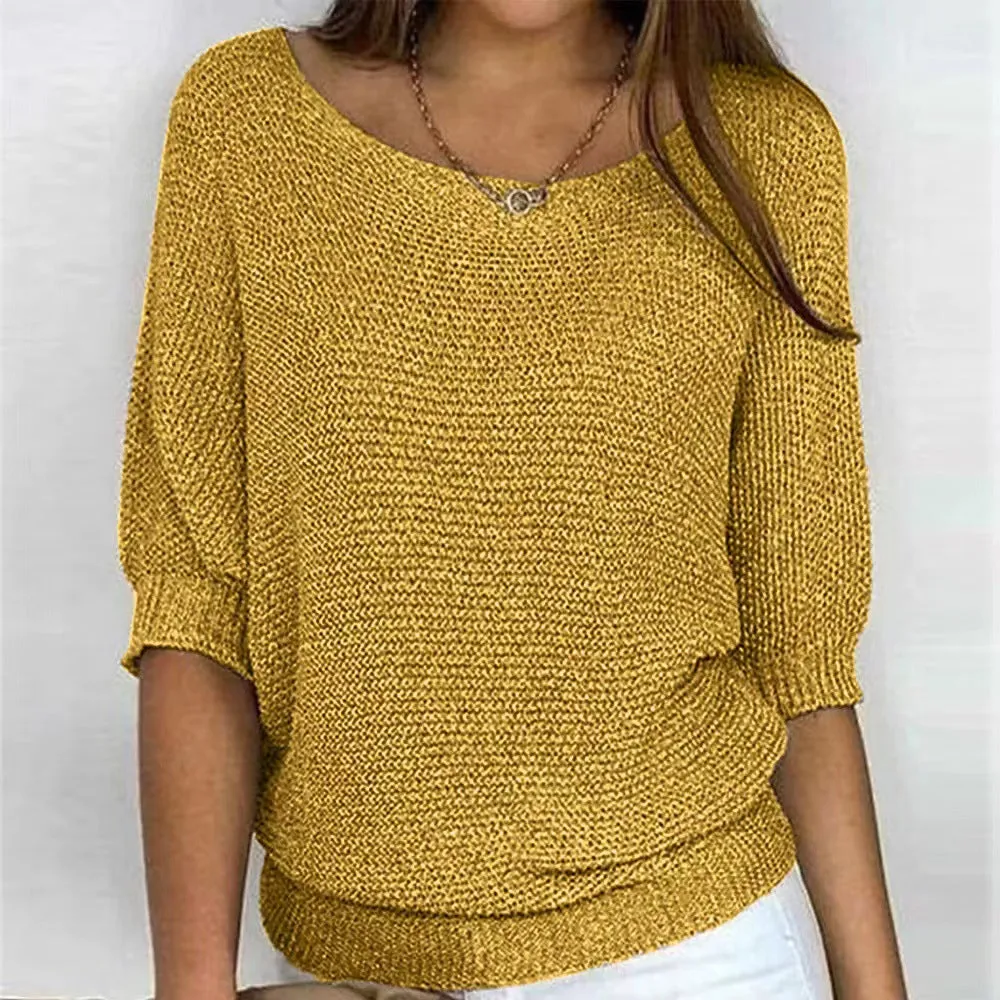 Round Neck Three-Quarter Sleeve Knitted Sweater