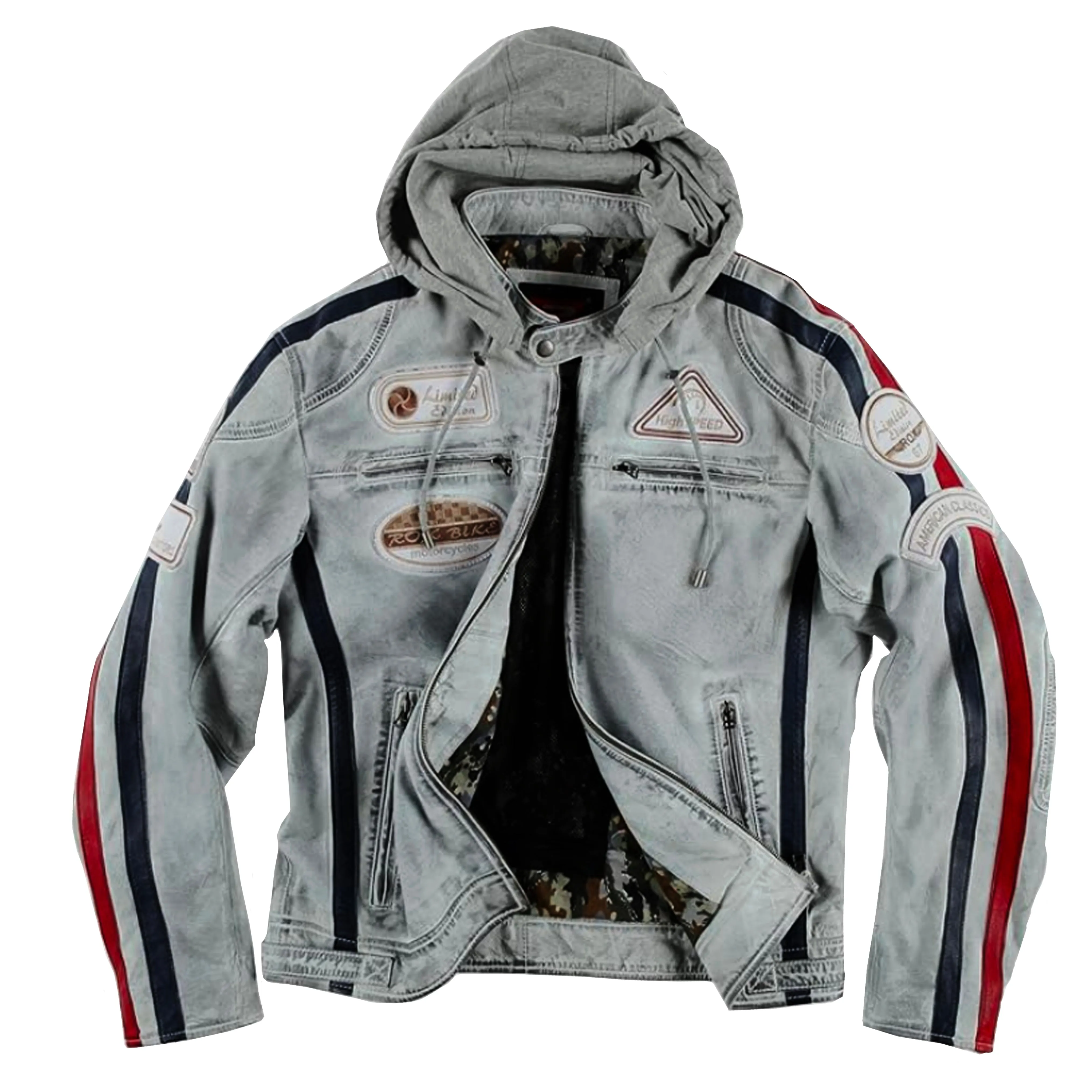 Rox Bikes Hooded Leather Biker Jacket - Distressed White