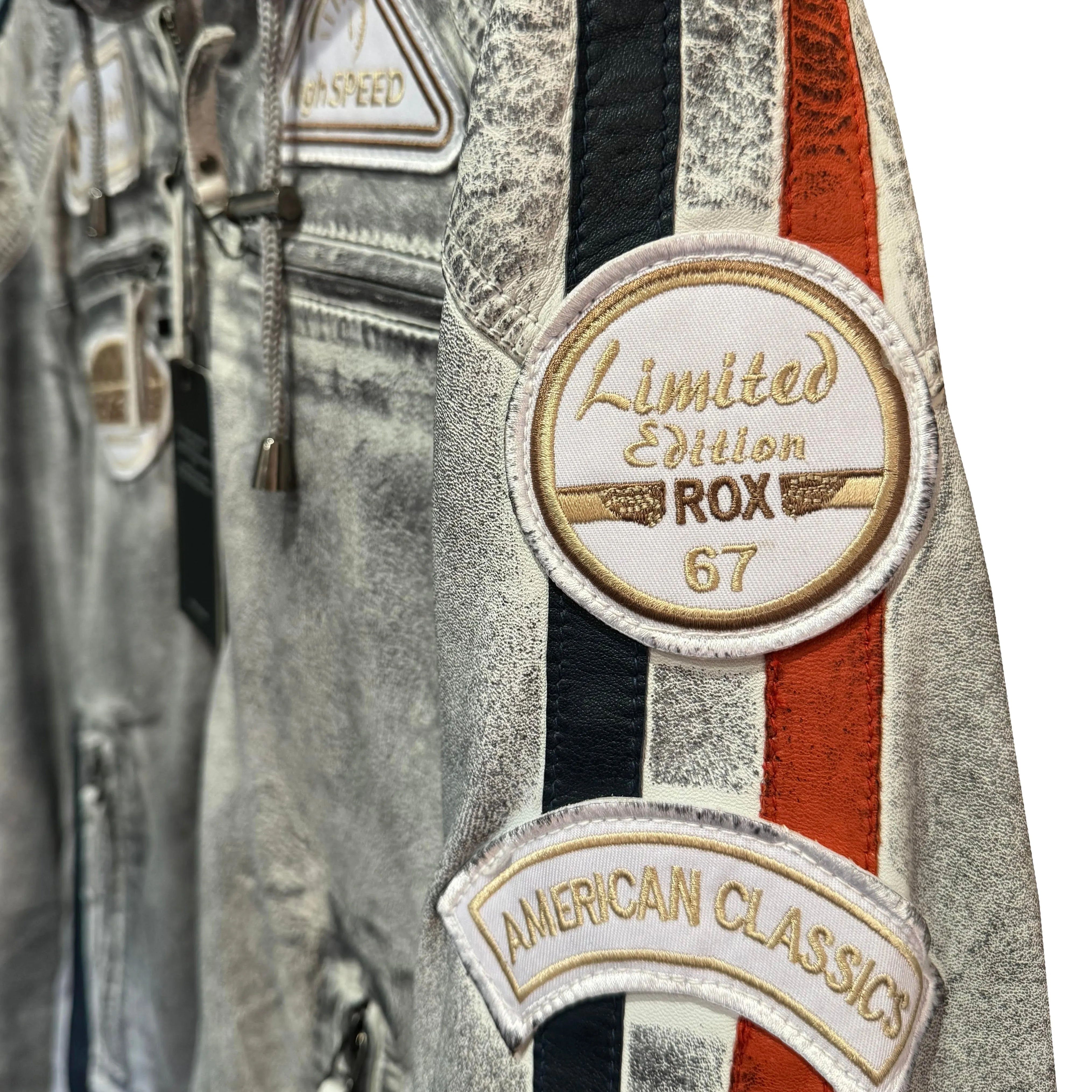 Rox Bikes Hooded Leather Biker Jacket - Distressed White