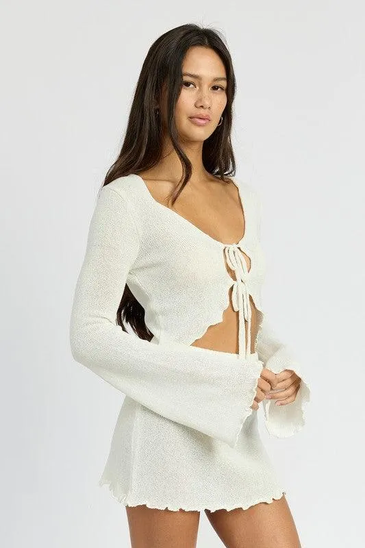 Sheer Long Sleeve Cardigan With Front Tie