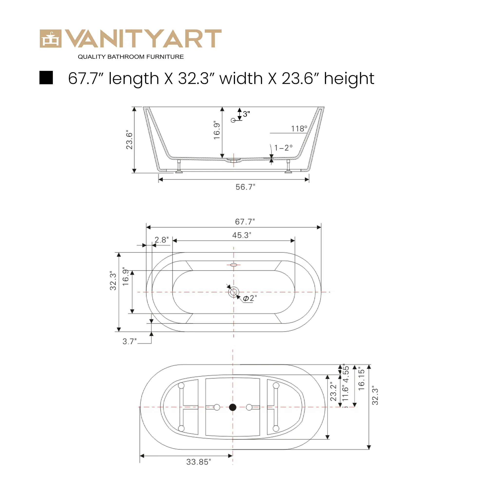 Vanity Art Lorient 68" Bathtub Free-Standing Center Drain Round Overflow Acrylic White or Black VA6812 New