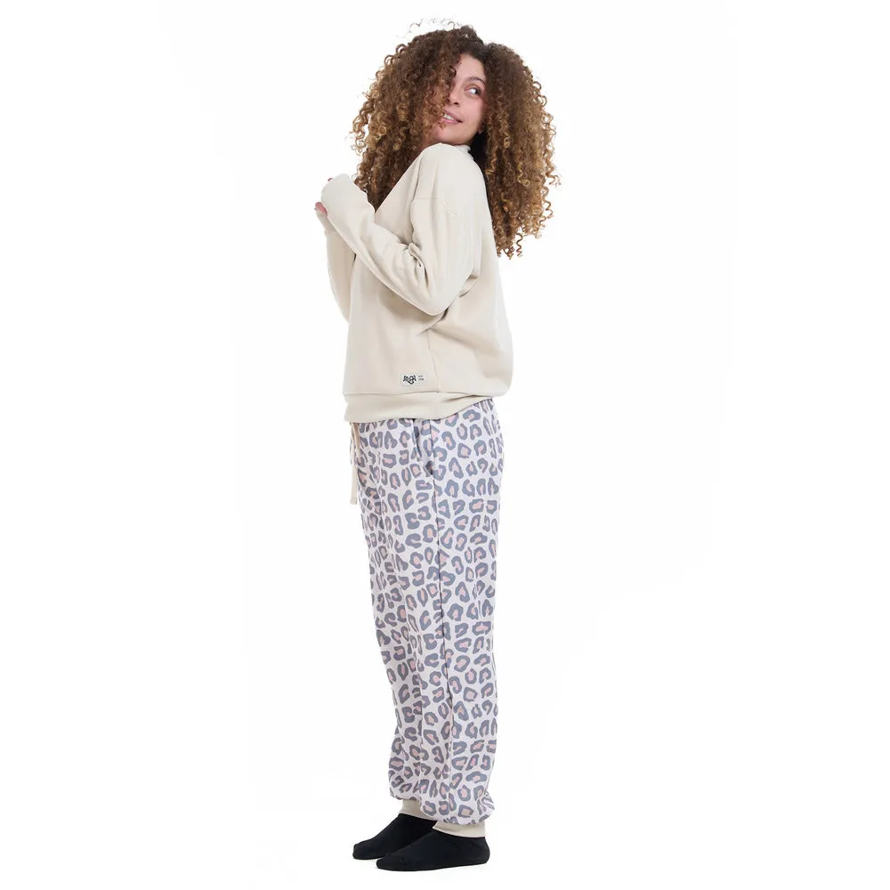 Women Winter Pajama Set Beige Sweatshirt   Pastel Leopard Pants