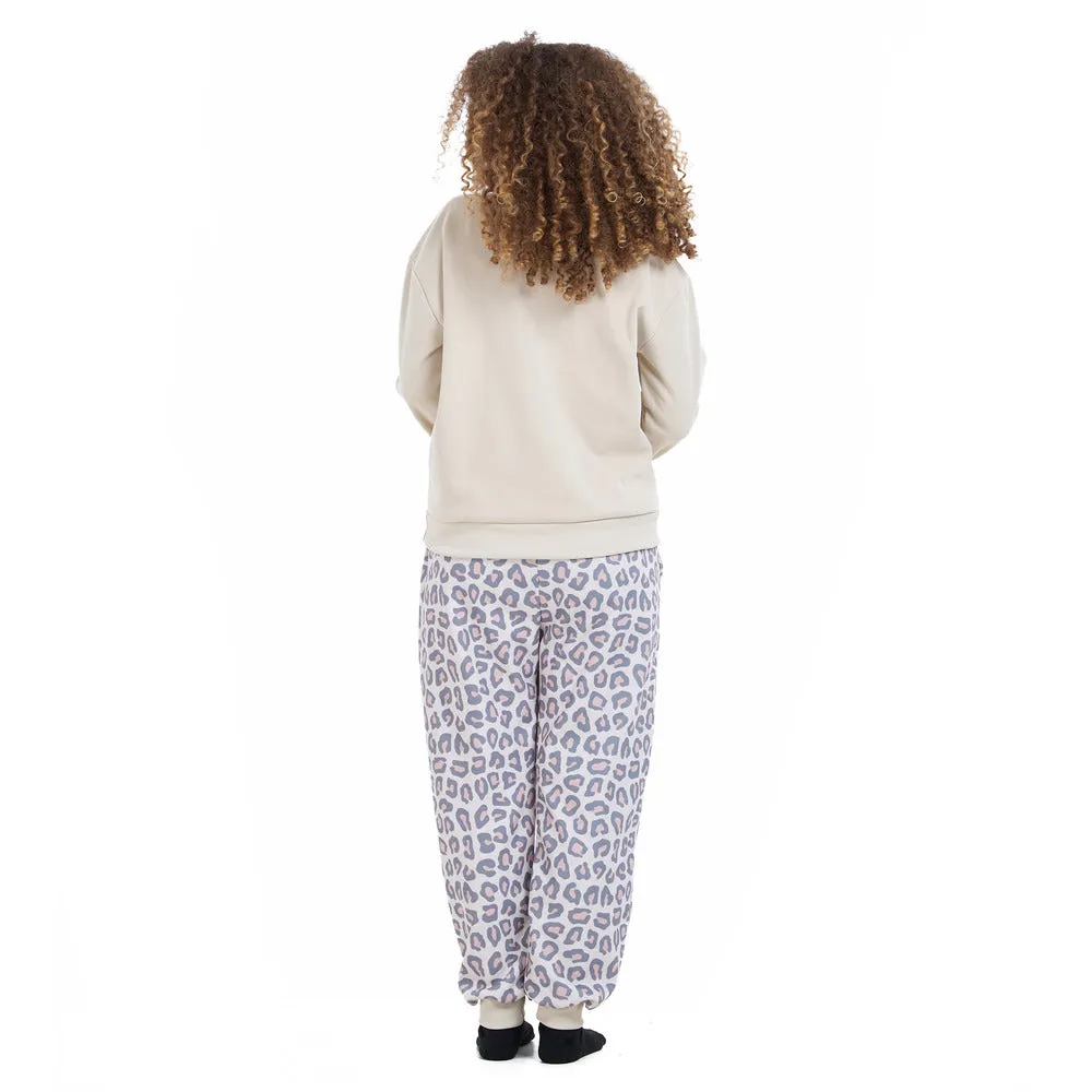 Women Winter Pajama Set Beige Sweatshirt   Pastel Leopard Pants