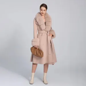 Women's Luxury Long Wool Coat with Detachable Fox Fur Col...