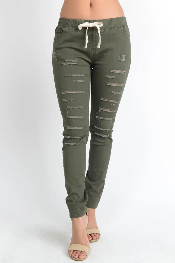 Women's Solid Thrashed Skinny Jogger Pants